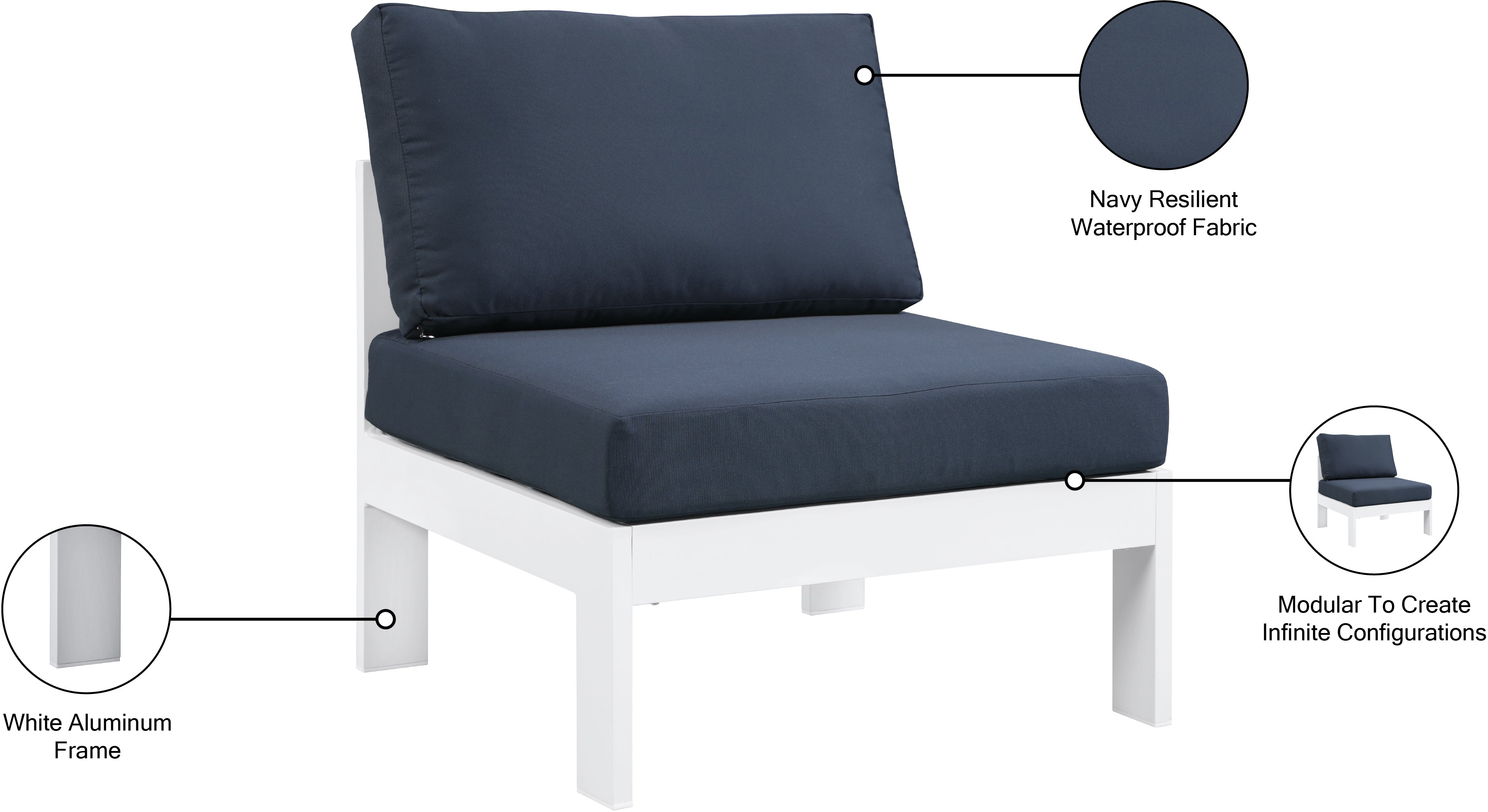 Chaise modulaire sans accoudoirs en aluminium pour patio extérieur Nizuc