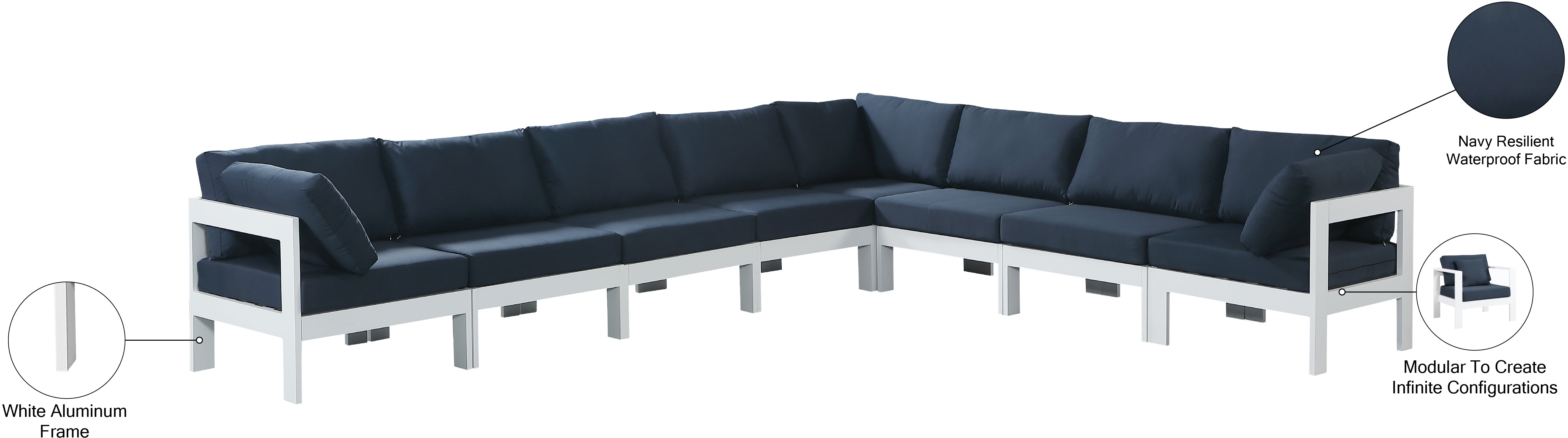 Nizuc 150" Water Resistant Fabric Upholstered Outdoor Patio 8pc. Modular Sectional