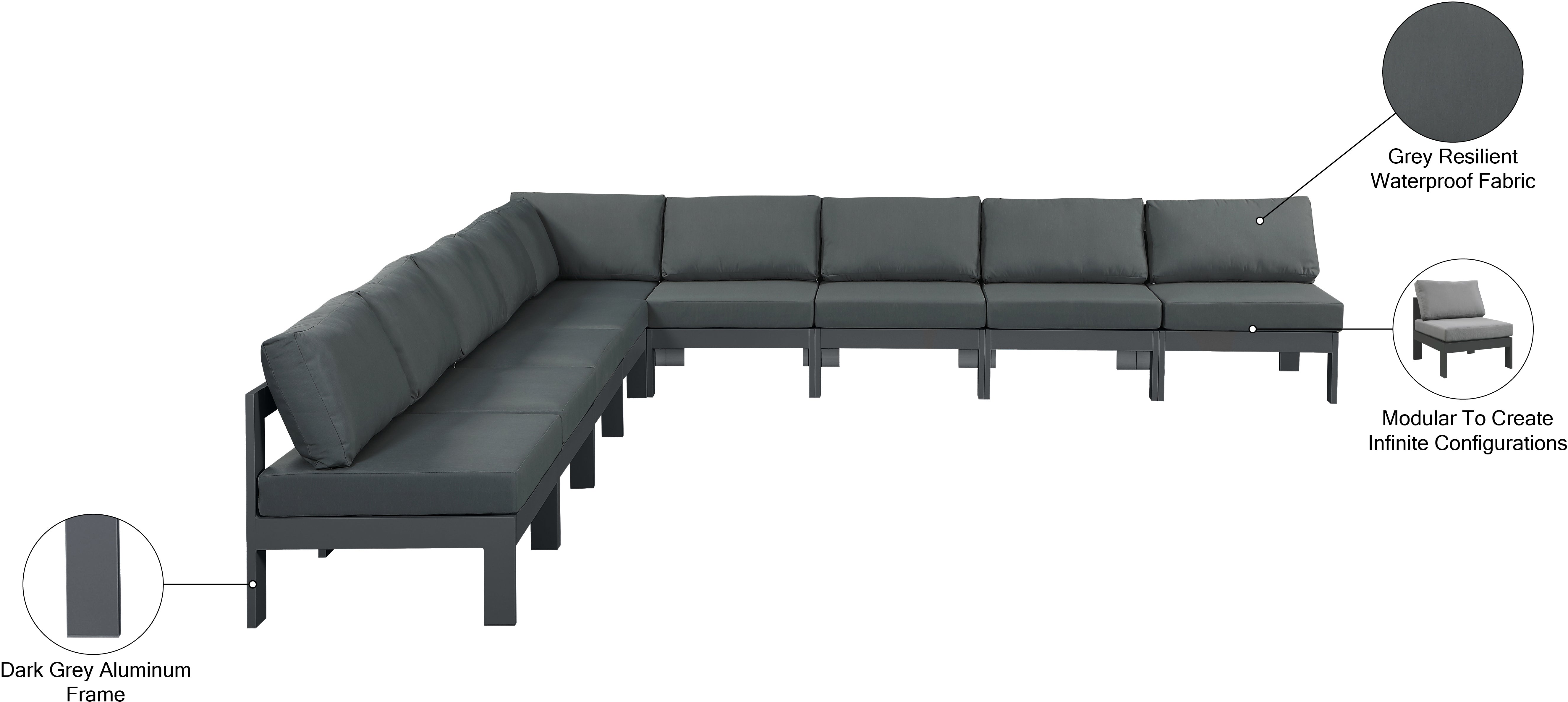 Nizuc 150" Water Resistant Fabric Upholstered Outdoor Patio 9pc. Modular Sectional