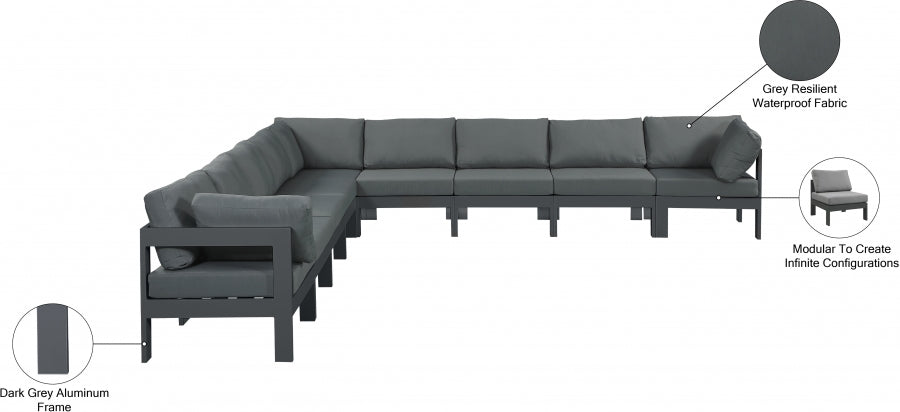Nizuc 150" Water Resistant Fabric Upholstered Outdoor Patio 9pc. Modular Sectional