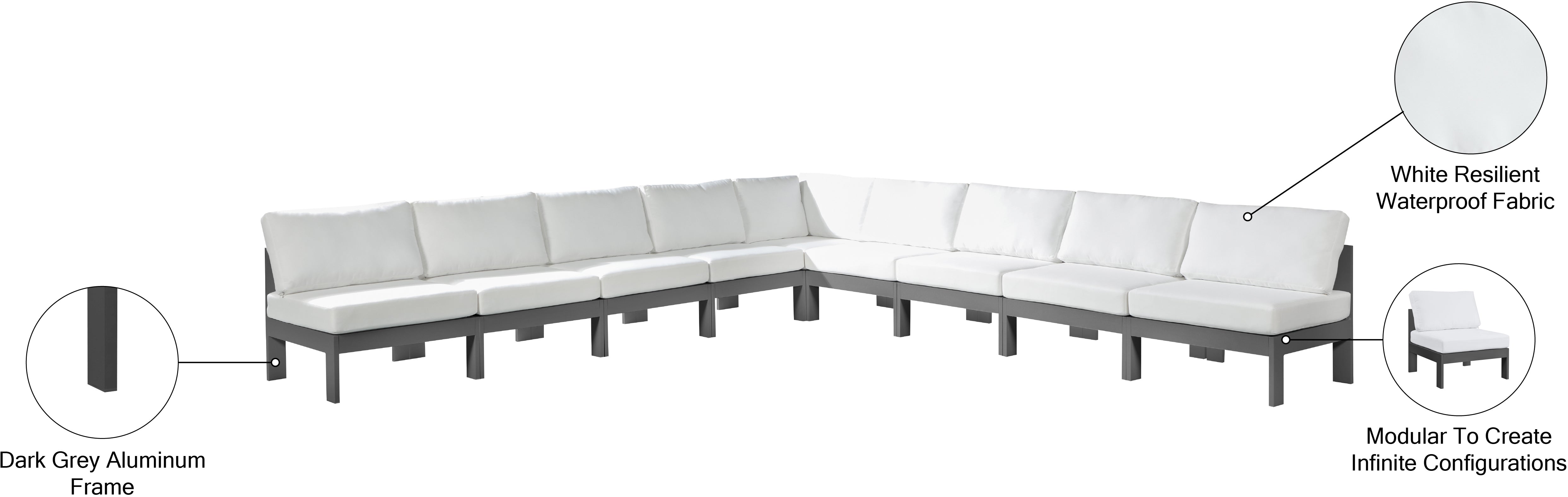 Nizuc 150" Water Resistant Fabric Upholstered Outdoor Patio 9pc. Modular Sectional