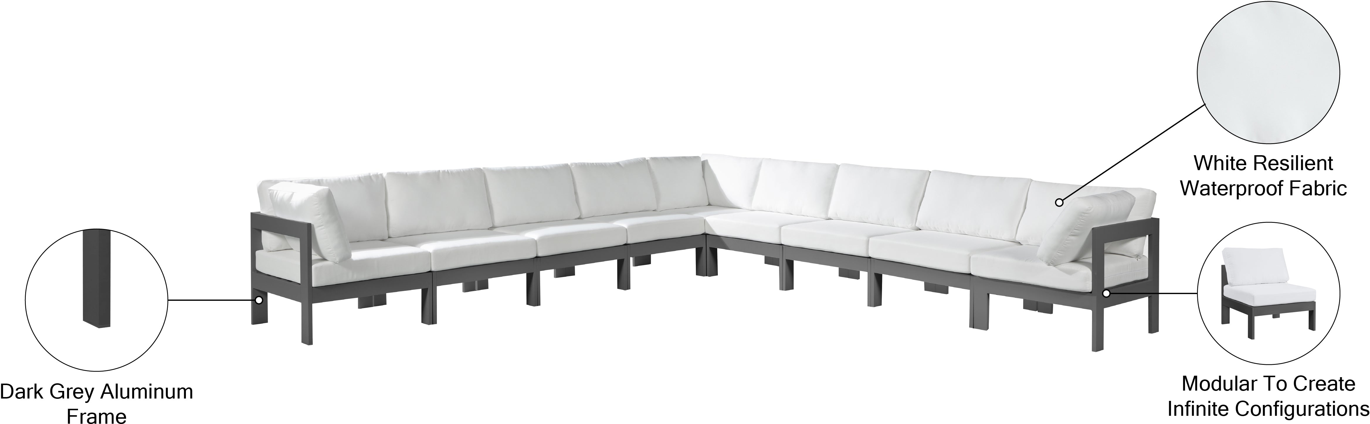 Nizuc 150" Water Resistant Fabric Upholstered Outdoor Patio 9pc. Modular Sectional