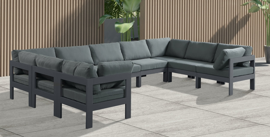 Nizuc 150" Water Resistant Fabric Upholstered Outdoor Patio 9pc. Modular Sectional