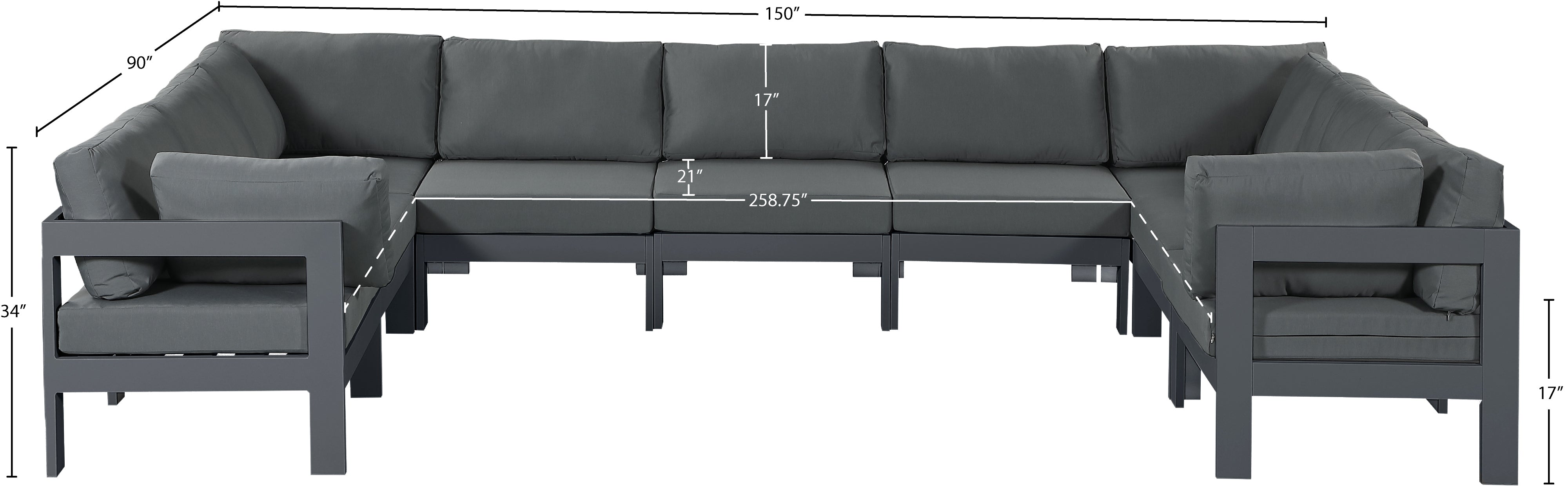 Nizuc 150" Water Resistant Fabric Upholstered Outdoor Patio 9pc. Modular Sectional