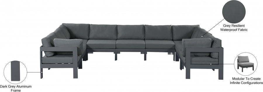 Nizuc 150" Water Resistant Fabric Upholstered Outdoor Patio 9pc. Modular Sectional