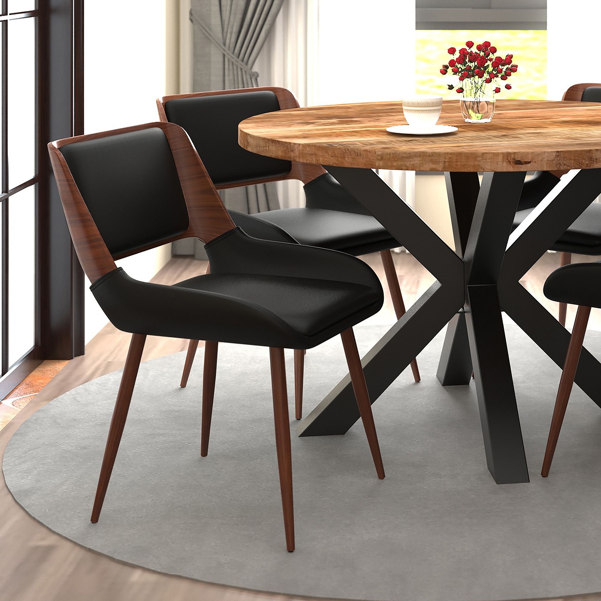 Hudson Dining Chair in Black Faux Leather, Metal and Walnut Metal and Wood