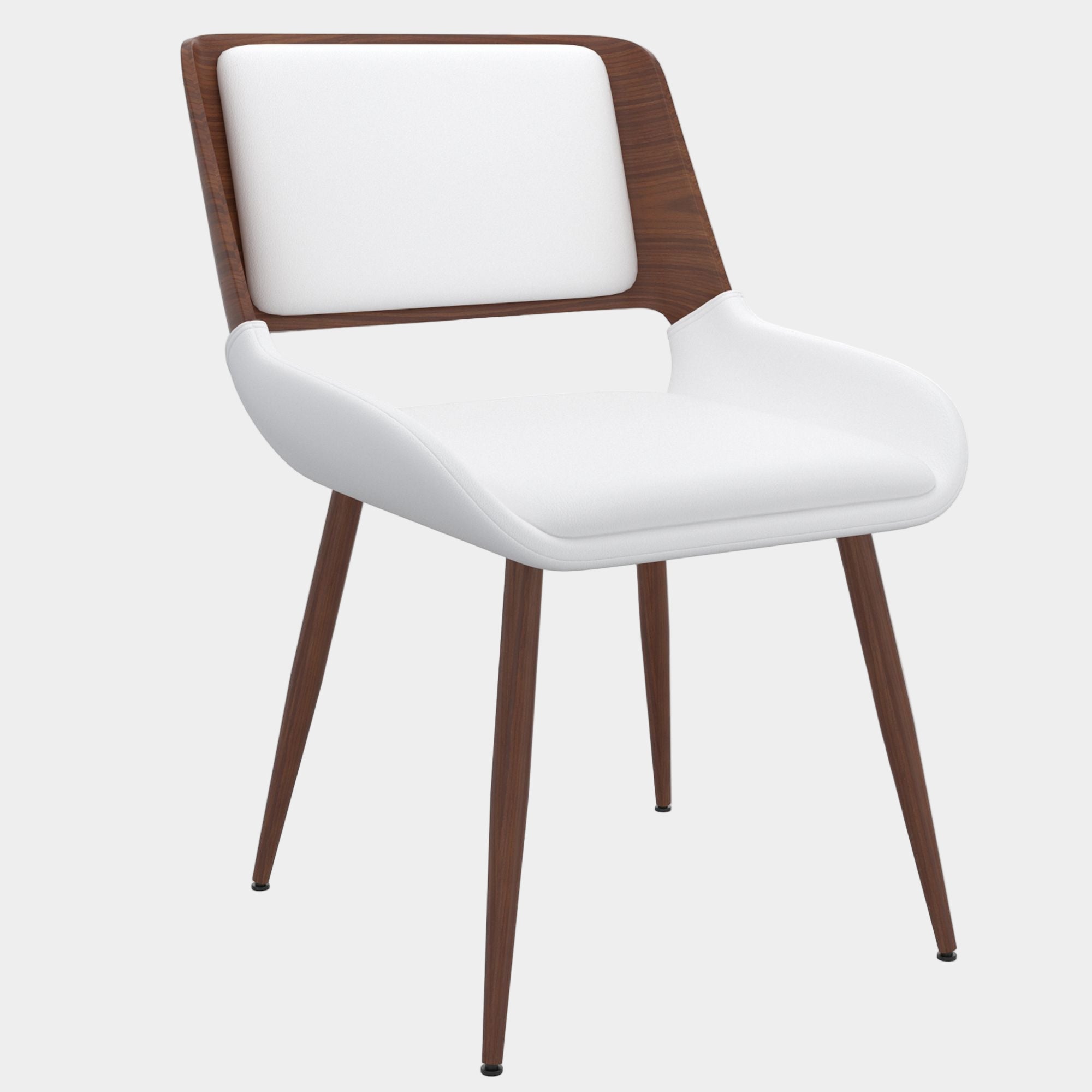 Hudson Dining Chair in White Faux Leather and Walnut Metal and Wood