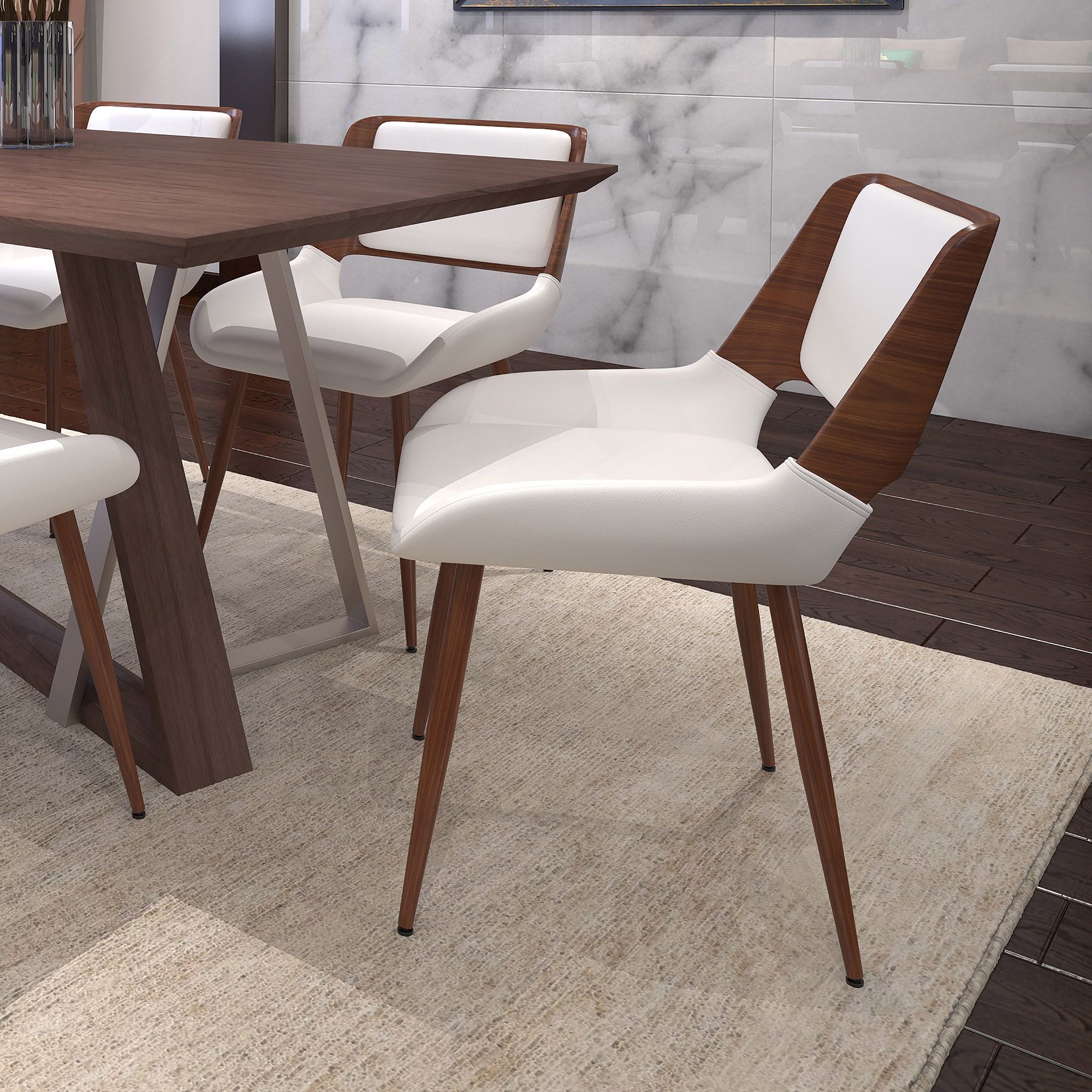 Hudson Dining Chair in White Faux Leather and Walnut Metal and Wood