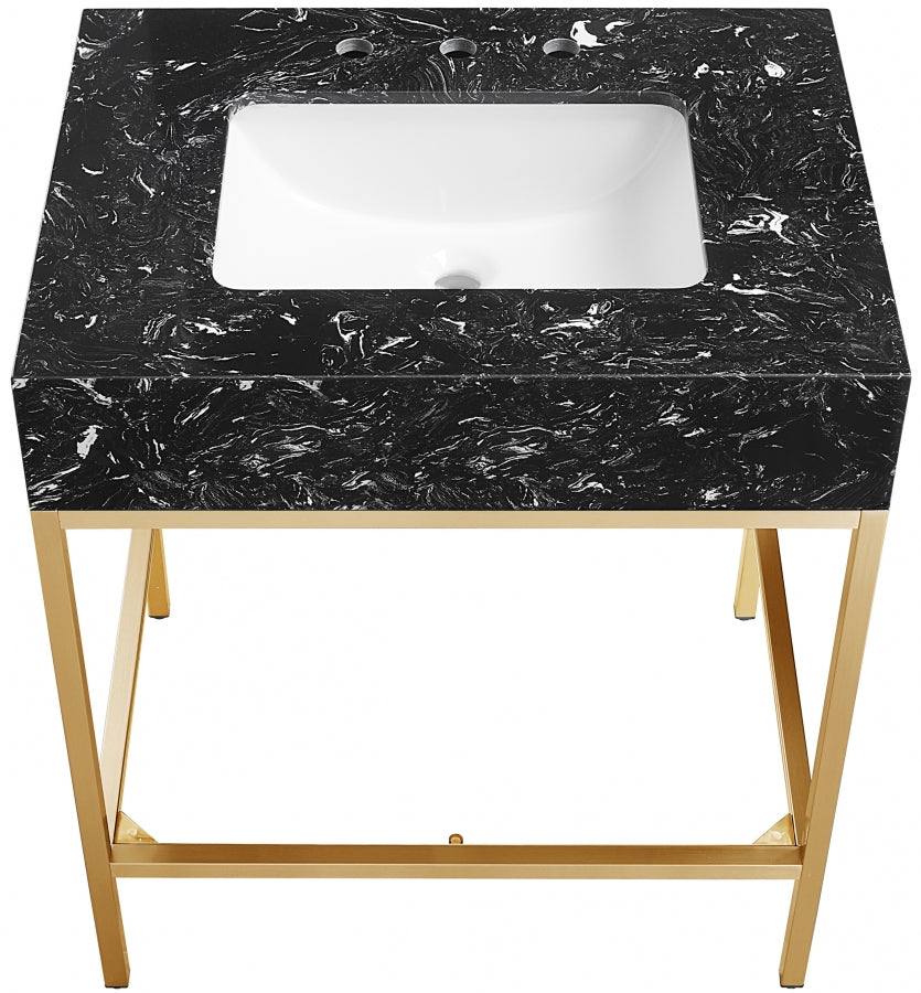 Marmo Engineered Stone Top, Brushed Gold And Glass Base Vanity