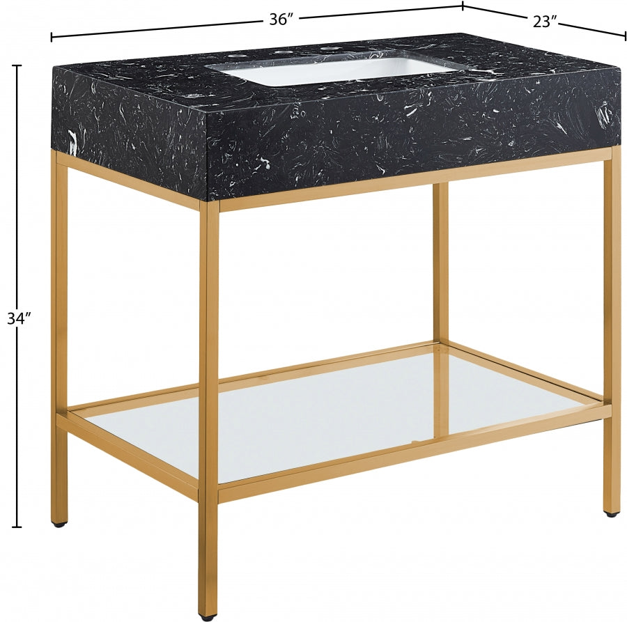 Marmo Engineered Stone Top, Brushed Gold And Glass Base Vanity