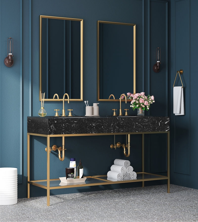 Marmo Engineered Stone Top, Brushed Gold And Glass Base Vanity