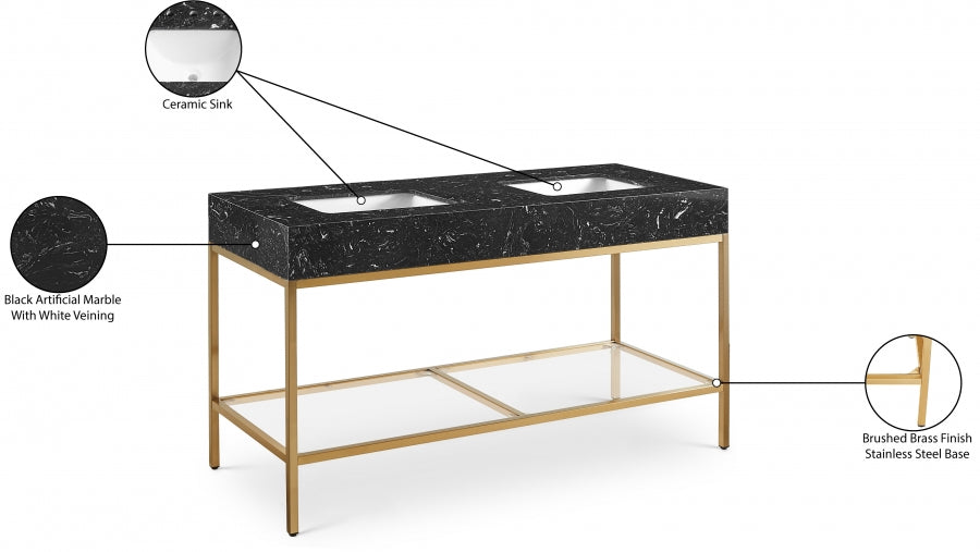 Marmo Engineered Stone Top, Brushed Gold And Glass Base Vanity
