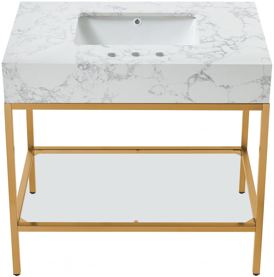 Marmo Engineered Stone Top, Brushed Gold And Glass Base Vanity