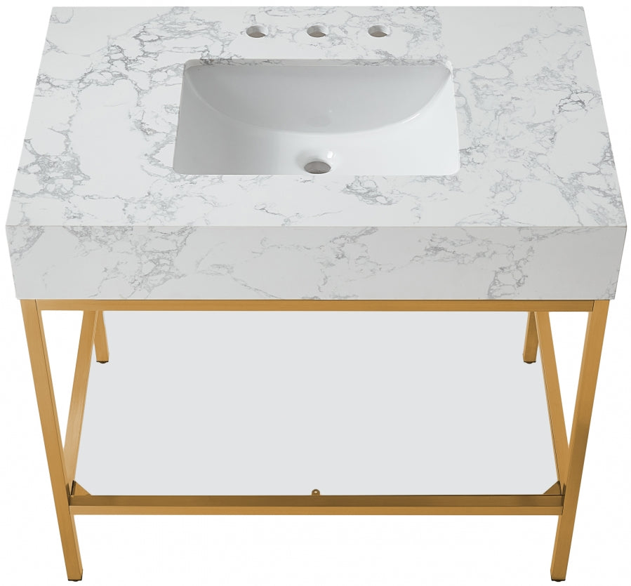 Marmo Engineered Stone Top, Brushed Gold And Glass Base Vanity