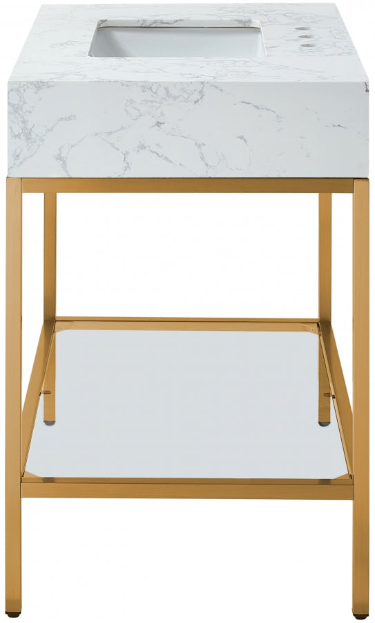 Marmo Engineered Stone Top, Brushed Gold And Glass Base Vanity
