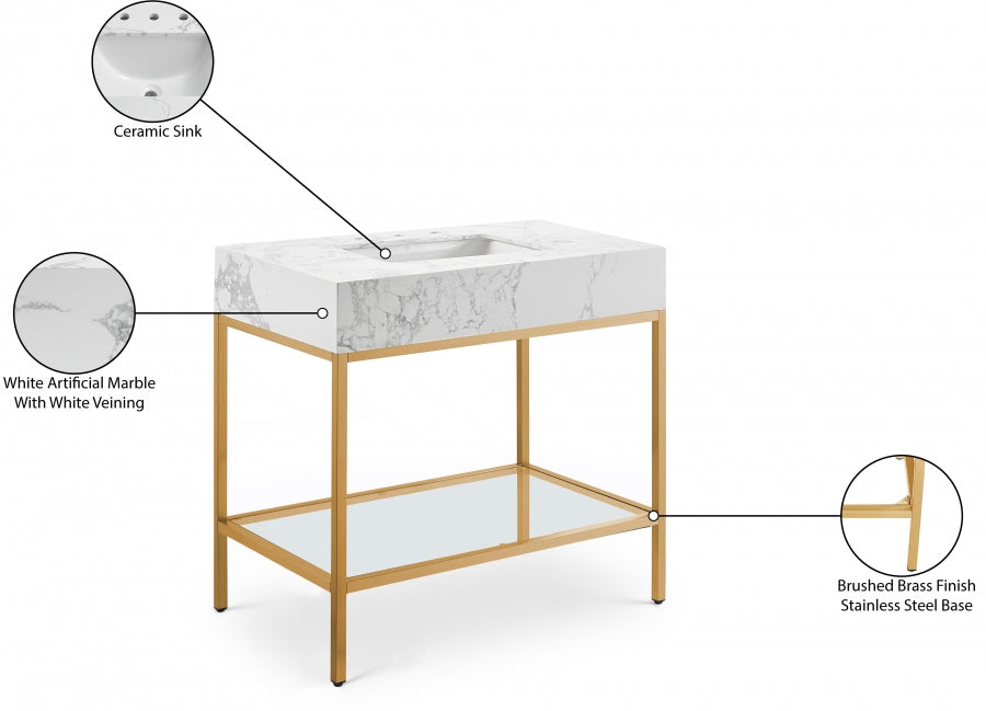 Marmo Engineered Stone Top, Brushed Gold And Glass Base Vanity