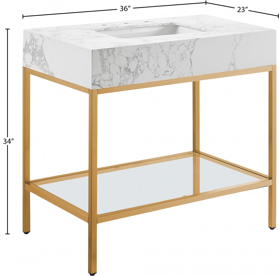 Marmo Engineered Stone Top, Brushed Gold And Glass Base Vanity