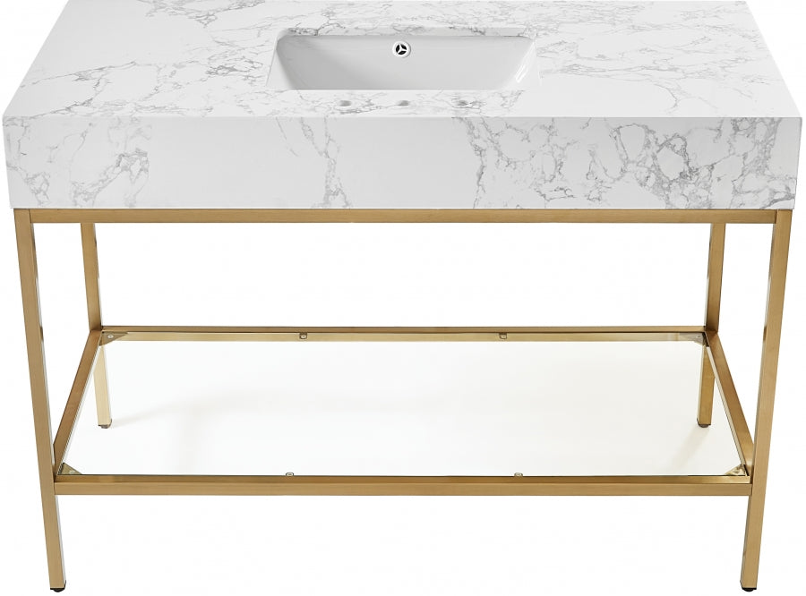Marmo Engineered Stone Top, Brushed Gold And Glass Base Vanity