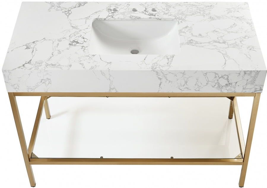 Marmo Engineered Stone Top, Brushed Gold And Glass Base Vanity