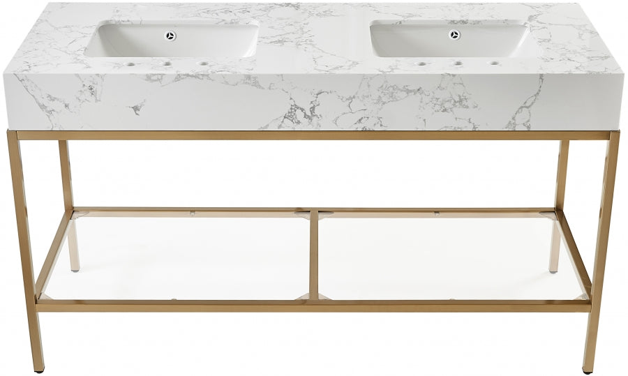 Marmo Engineered Stone Top, Brushed Gold And Glass Base Vanity