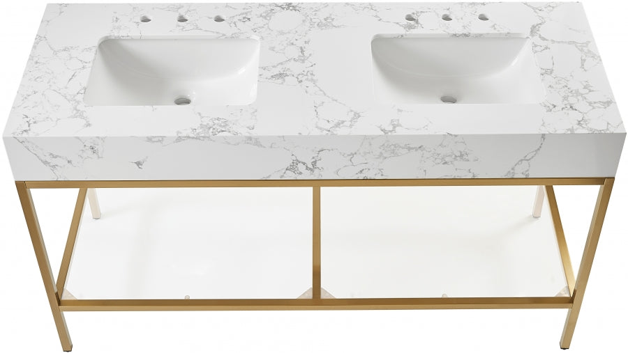 Marmo Engineered Stone Top, Brushed Gold And Glass Base Vanity