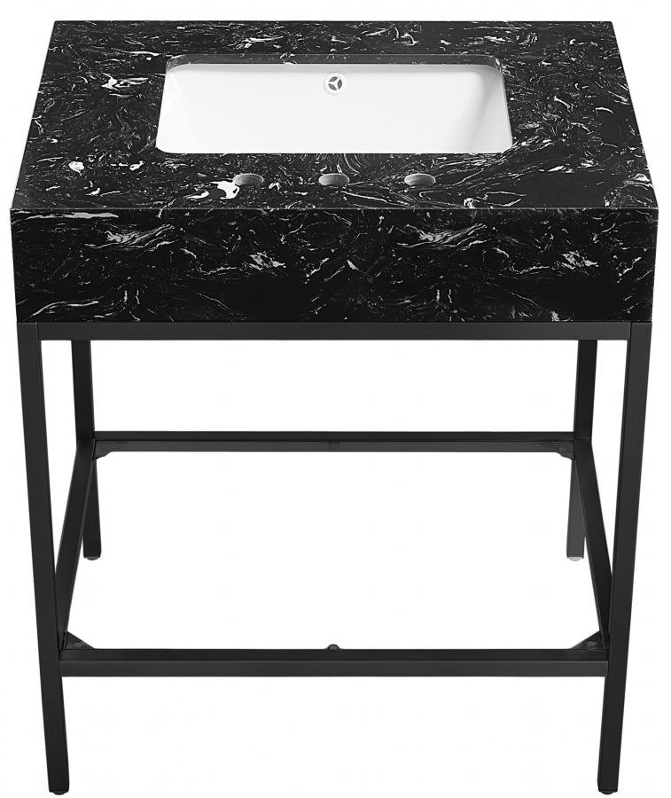 Marmo Engineered Stone Top and Matte Black Base, Steel And Glass Base Vanity