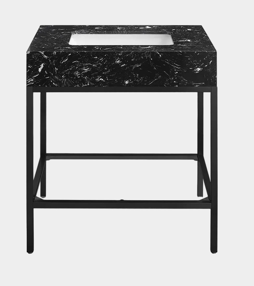 Marmo Engineered Stone Top and Matte Black Base, Steel And Glass Base Vanity