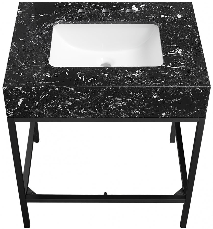 Marmo Engineered Stone Top and Matte Black Base, Steel And Glass Base Vanity