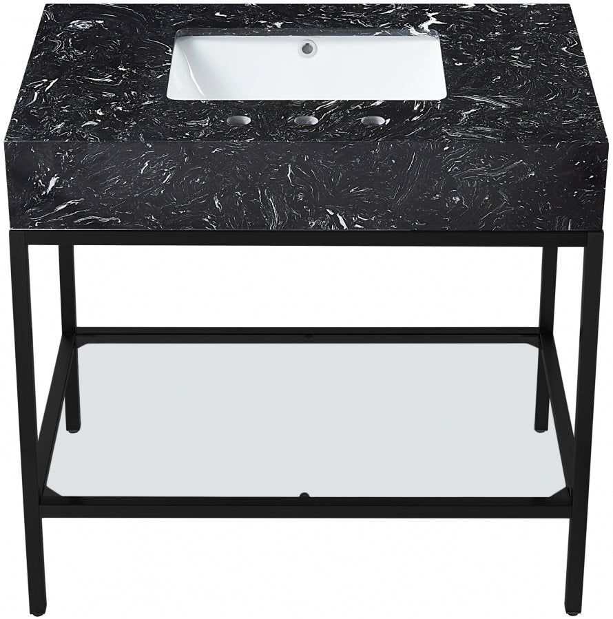 Marmo Engineered Stone Top and Matte Black Base, Steel And Glass Base Vanity