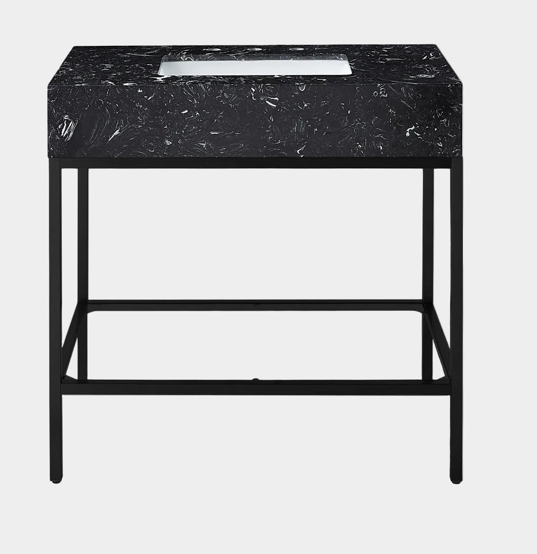 Marmo Engineered Stone Top and Matte Black Base, Steel And Glass Base Vanity