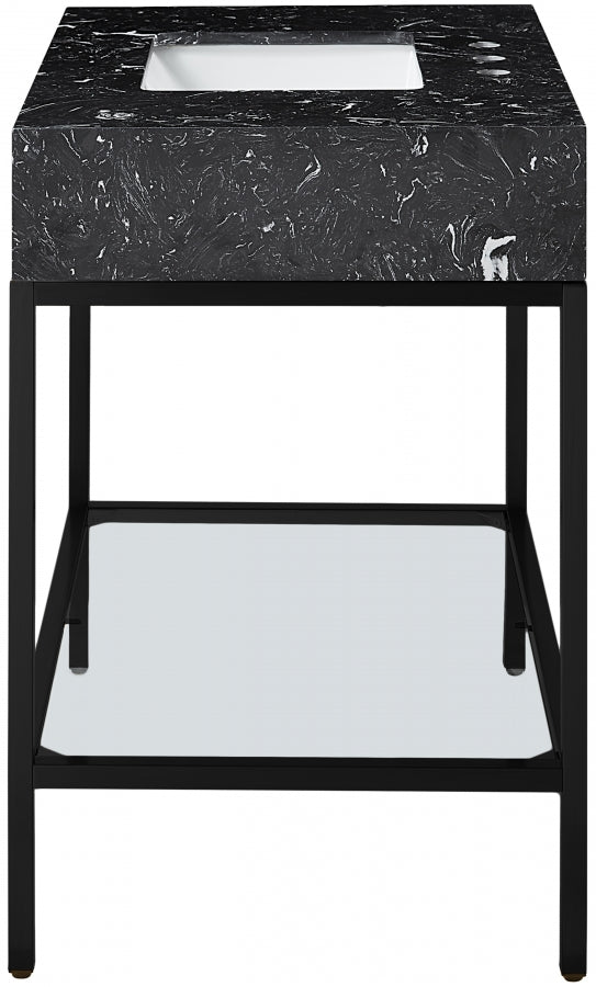 Marmo Engineered Stone Top and Matte Black Base, Steel And Glass Base Vanity