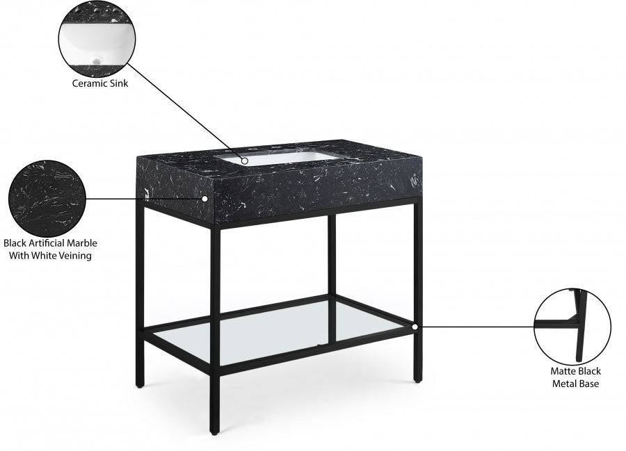 Marmo Engineered Stone Top and Matte Black Base, Steel And Glass Base Vanity