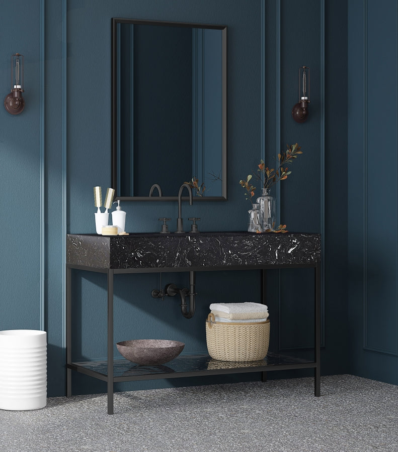 Marmo Engineered Stone Top and Matte Black Base, Steel And Glass Base Vanity