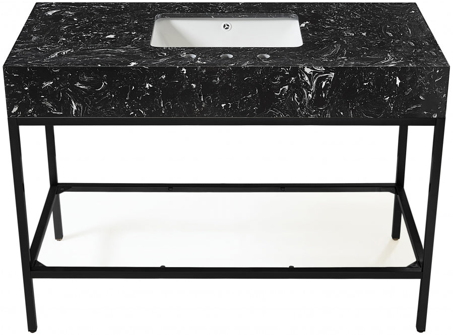 Marmo Engineered Stone Top and Matte Black Base, Steel And Glass Base Vanity