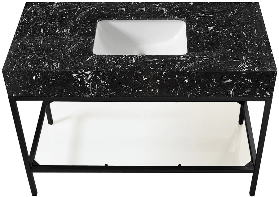 Marmo Engineered Stone Top and Matte Black Base, Steel And Glass Base Vanity