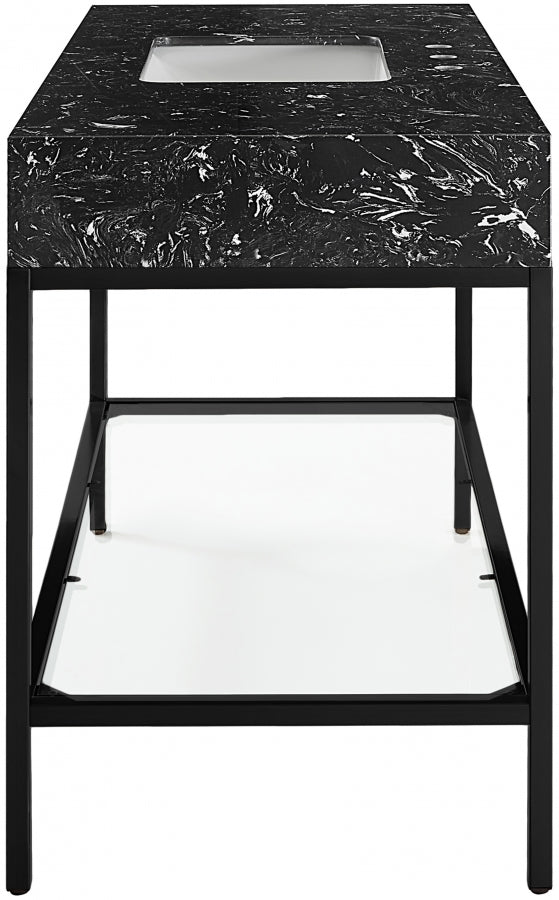 Marmo Engineered Stone Top and Matte Black Base, Steel And Glass Base Vanity