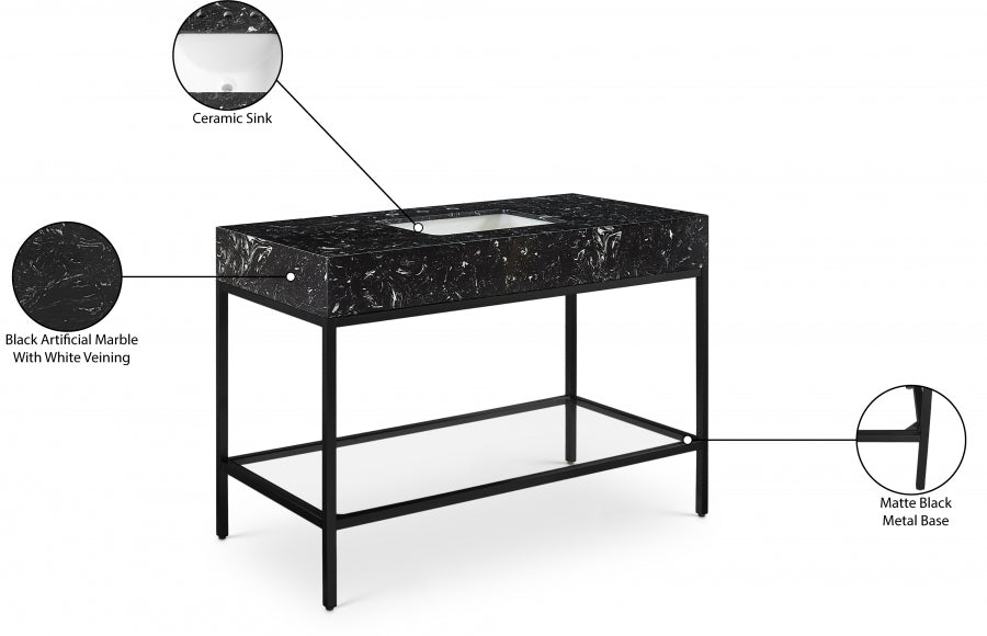 Marmo Engineered Stone Top and Matte Black Base, Steel And Glass Base Vanity