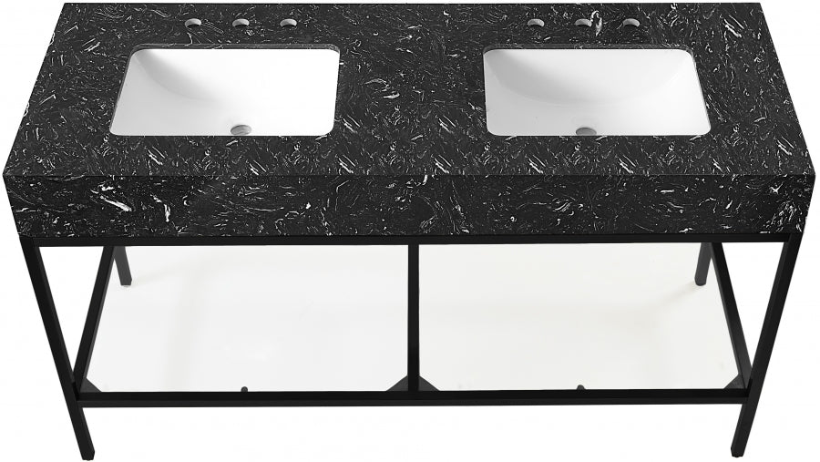 Marmo Engineered Stone Top and Matte Black Base, Steel And Glass Base Vanity