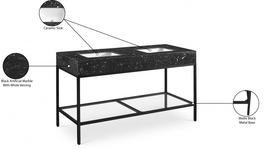 Marmo Engineered Stone Top and Matte Black Base, Steel And Glass Base Vanity