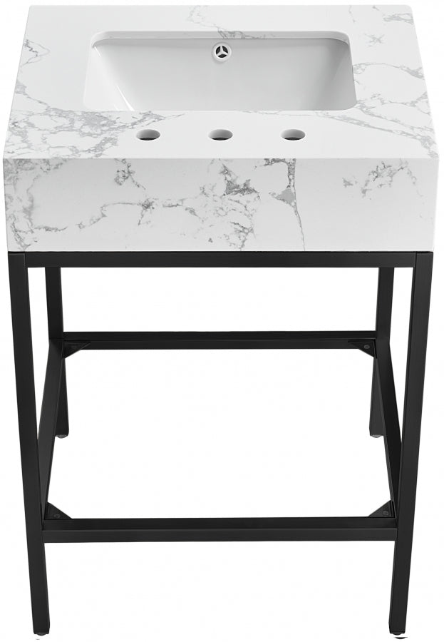 Marmo Engineered Stone Top and Matte Black Base, Steel And Glass Base Vanity