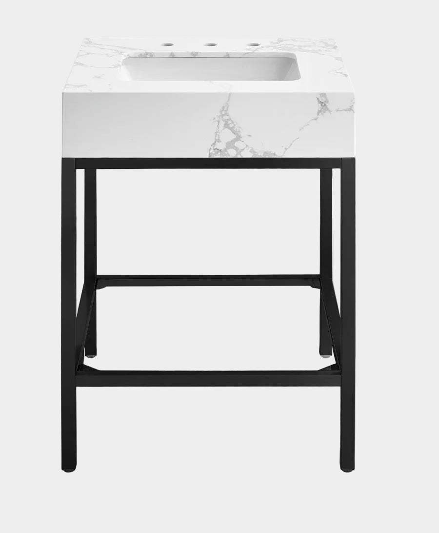 Marmo Engineered Stone Top and Matte Black Base, Steel And Glass Base Vanity