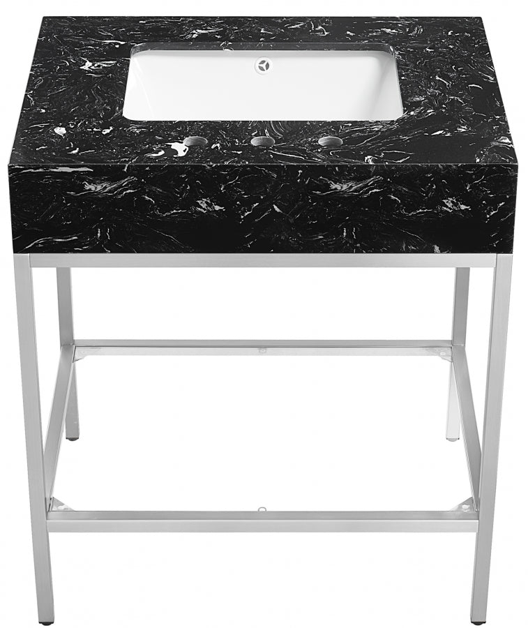 Marmo Engineered Stone Top and Brushed Chrome, Steel And Glass Base Vanity