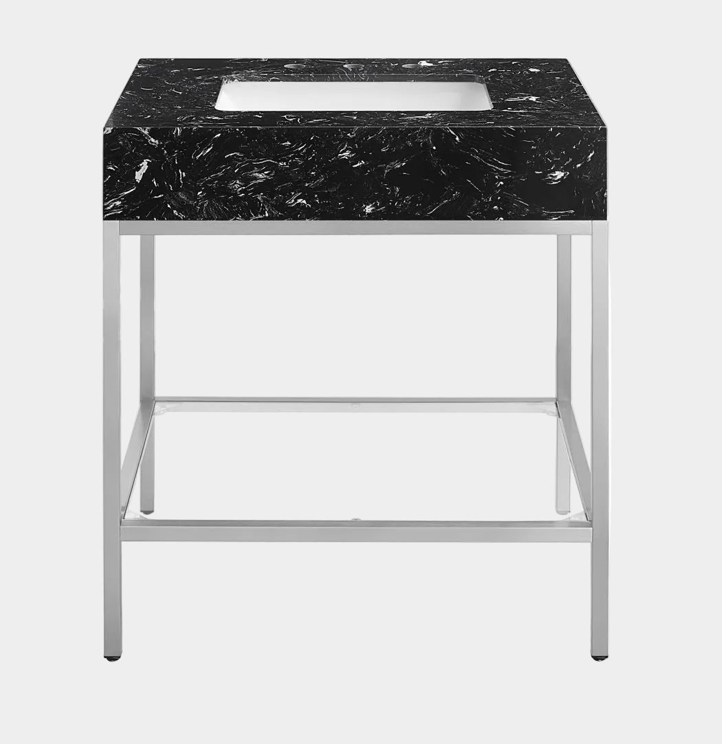 Marmo Engineered Stone Top and Brushed Chrome, Steel And Glass Base Vanity