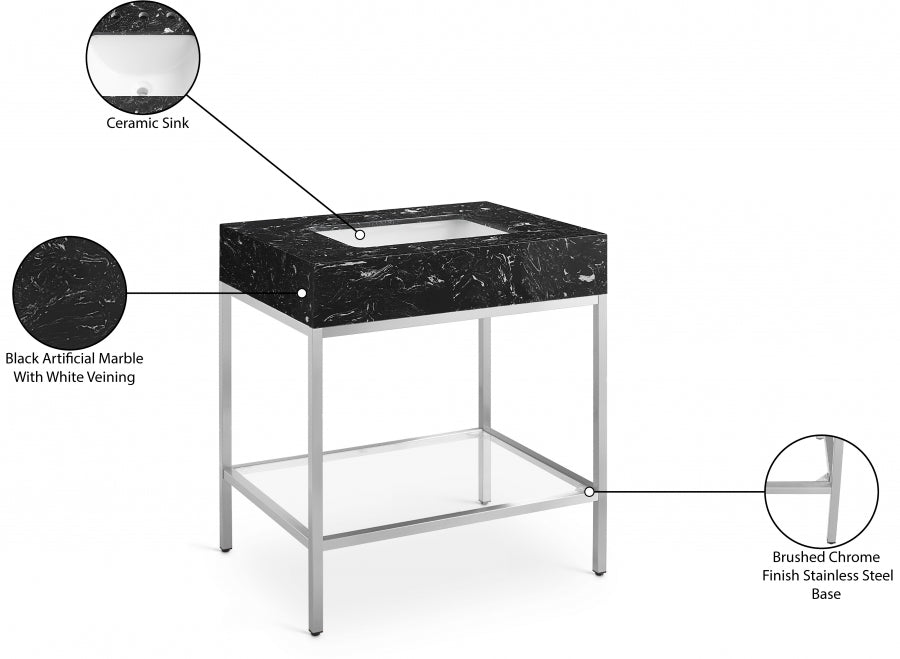 Marmo Engineered Stone Top and Brushed Chrome, Steel And Glass Base Vanity