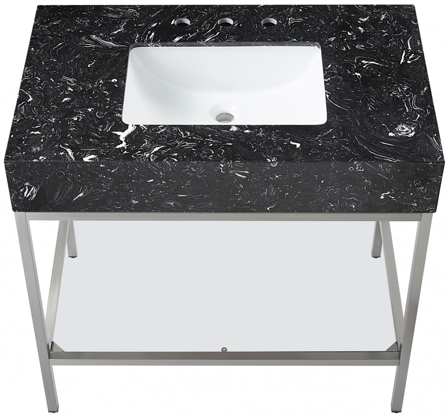 Marmo Engineered Stone Top and Brushed Chrome, Steel And Glass Base Vanity