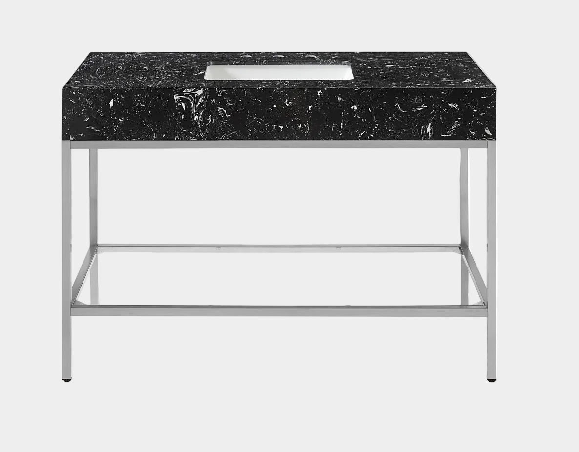 Marmo Engineered Stone Top and Brushed Chrome, Steel And Glass Base Vanity