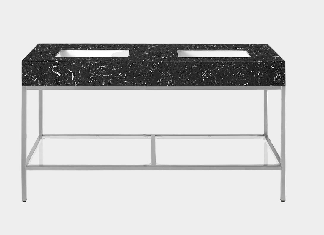 Marmo Engineered Stone Top and Brushed Chrome, Steel And Glass Base Vanity