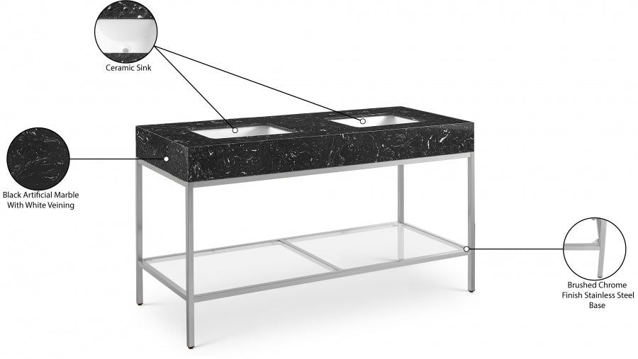Marmo Engineered Stone Top and Brushed Chrome, Steel And Glass Base Vanity