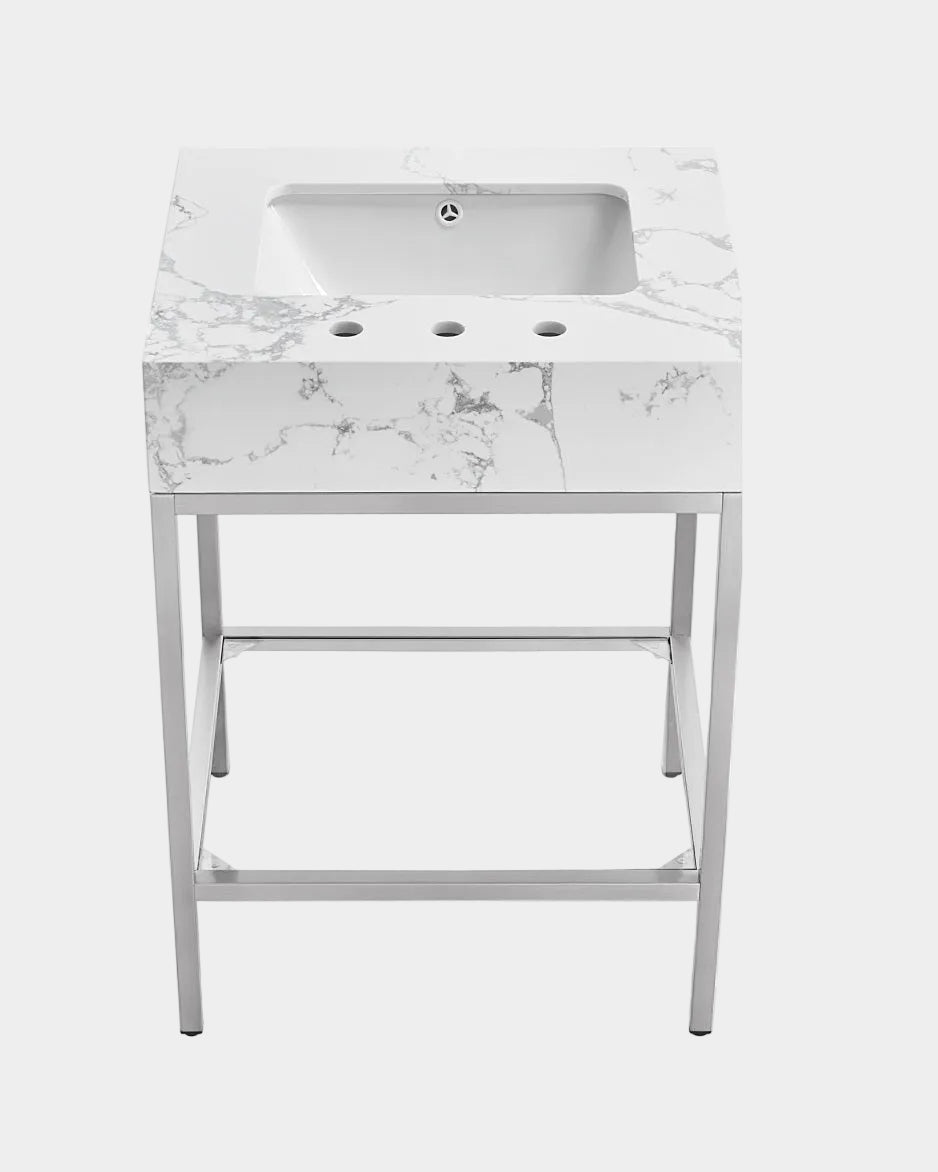 Marmo Engineered Stone Top and Brushed Chrome, Steel And Glass Base Vanity