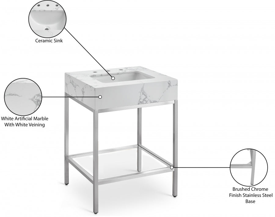 Marmo 24" Engineered Stone Top, Steel And Glass Base Vanity